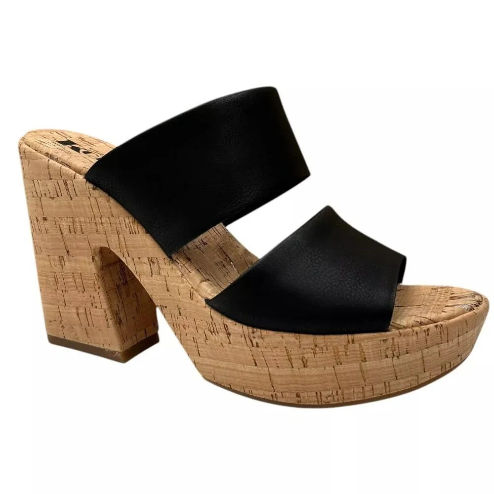 Korks Dezi Womens Cork Platform Sandal Size 9 Black/Tan Strappy Style Block Heel